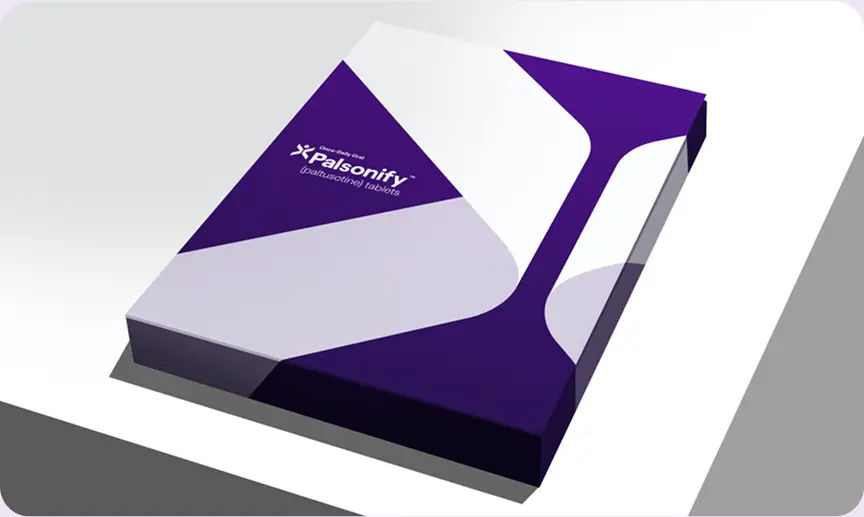 A purple folder with the PALSONIFY logo on it, sitting on top of a white table.
