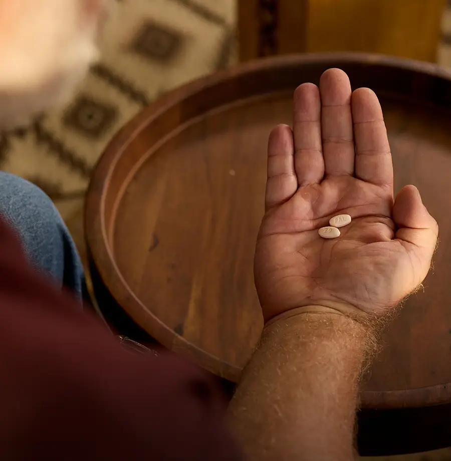 Close-up of a person holding two tablets of PALSONIFY in their hand.
